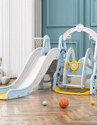 Nichiduta Garden Spatiu de joaca 3 in 1 Astronaut Arcada Blue cu Leagan convertibil Tobogan cu trepte late Margini rotunjite Cos de baschet cu Minge Piscina cu 200 bile joaca incluse