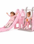 Nichiduta Garden Spatiu de joaca 3 in 1 Nichiduta Dolphin Pink cu leagan convertibil Tobogan cu manere si trepte late Cos de baschet greutate maxim suportata 50 Kg