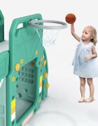 Nichiduta Garden Spatiu de joaca 3 in 1 pentru copii Happy Bus Green cu tobogan cos de baschet 190 x 210 x 116 cm utilizare interiorexterior usa cu deschidere margini rotunjite