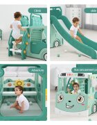 Nichiduta Garden Spatiu de joaca 3 in 1 pentru copii Happy Bus Green cu tobogan cos de baschet 190 x 210 x 116 cm utilizare interiorexterior usa cu deschidere margini rotunjite