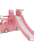 Nichiduta Garden Spatiu de joaca 3 in 1 pentru copii Happy Bus Pink cu tobogan cos de baschet 190 x 210 x 116 cm utilizare interiorexterior usa cu deschidere margini rotunjite