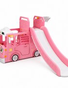 Nichiduta Garden Spatiu de joaca 3 in 1 pentru copii Happy Bus Pink cu tobogan cos de baschet 190 x 210 x 116 cm utilizare interiorexterior usa cu deschidere margini rotunjite