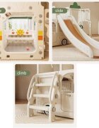 Nichiduta Garden Spatiu de joaca 3 in 1 pentru copii Happy Bus White cu tobogan cos de baschet 190 x 210 x 116 cm utilizare interiorexterior usa cu deschidere margini rotunjite