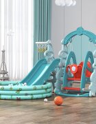 Nichiduta Garden Spatiu de joaca 3 in 1 Tower Arcada Blue cu Leagan convertibil Tobogan cu trepte late Margini rotunjite Piscina cu 200 bile joaca incluse Cos de baschet cu Minge