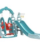 Nichiduta Garden Spatiu de joaca 3 in 1 Tower Arcada Blue cu Leagan convertibil Tobogan cu trepte late Margini rotunjite Piscina cu 200 bile joaca incluse Cos de baschet cu Minge