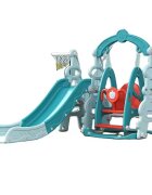 Nichiduta Garden Spatiu de joaca 3 in 1 Tower Arcada Blue cu Leagan convertibil Tobogan cu trepte late Margini rotunjite Piscina cu 200 bile joaca incluse Cos de baschet cu Minge
