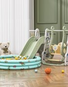 Nichiduta Garden Spatiu de joaca 3in1 Astronaut Green cu Tobogan Leagan cu bara de protectie detasabila jucarie muzicala Cos de baschet Minge si Piscina cu 200 bile incluse