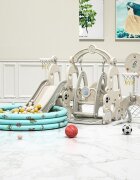 Nichiduta Garden Spatiu de joaca 4 in 1 Happy Turtle Arcada Beige cu tobogan leagan cu bara de protectie detasabila jucarie muzicala cos de baschet minge poarta de fotbal piscina cu 200 bile