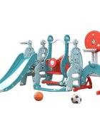 Nichiduta Garden Spatiu de joaca 4 in 1 Tower Blue cu tobogan leagan cu bara de protectie detasabila jucarie muzicala cos de baschet minge si poarta de fotbal