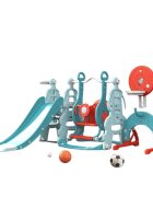 Nichiduta Garden Spatiu de joaca 4 in 1 Tower Blue cu tobogan leagan cu bara de protectie detasabila jucarie muzicala cos de baschet minge si poarta de fotbal