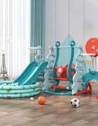 Nichiduta Garden Spatiu de joaca 4in1 Tower Blue cu tobogan leagan cu bara de protectie detasabila jucarie muzicala cos de baschet minge poarta de fotbal si piscina cu 200 bile incluse