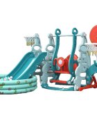 Nichiduta Garden Spatiu de joaca 4in1 Tower Blue cu tobogan leagan cu bara de protectie detasabila jucarie muzicala cos de baschet minge poarta de fotbal si piscina cu 200 bile incluse