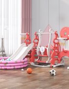 Nichiduta Garden Spatiu de joaca 4in1 Tower Red cu tobogan leagan cu bara de protectie detasabila jucarie muzicala cos de baschet minge poarta de fotbal si piscina cu 200 bile incluse