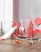 Nichiduta Garden Spatiu de joaca 4in1 Tower Red cu tobogan leagan cu bara de protectie detasabila jucarie muzicala cos de baschet minge poarta de fotbal si piscina cu 200 bile incluse