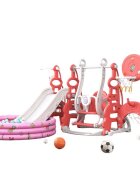 Nichiduta Garden Spatiu de joaca 4in1 Tower Red cu tobogan leagan cu bara de protectie detasabila jucarie muzicala cos de baschet minge poarta de fotbal si piscina cu 200 bile incluse