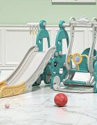 Nichiduta Garden Spatiu de joaca Happy Turtle Blue 3 in 1 cu tobogan leagan cu bara de protectie detasabila jucarie muzicala cos de baschet mingie si piscina cu 200 bile joaca incluse
