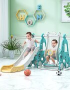 Nichiduta Garden Spatiu de joaca Happy Turtle Blue 3 in 1 cu tobogan leagan cu bara de protectie detasabila jucarie muzicala cos de baschet mingie si piscina cu 200 bile joaca incluse