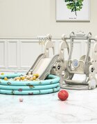 Nichiduta Garden Spatiu de joaca Happy Turtle Grey 3 in 1 cu tobogan leagan cu bara de protectie detasabila jucarie muzicala cos de baschet mingie si piscina cu 200 bile joaca incluse