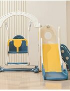 Nichiduta Garden Spatiu de joaca pentru copii 3in1 Blue cu platforma tobogan leagan cu bara de protectie detasabila jucarie muzicala cos de baschet dimensiune 170 x 145 x 110 cm
