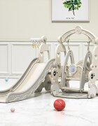 Nichiduta Garden Spatiu de joaca pentru copii 3in1 Happy Turtle Arcada Beige interiorexterior cu tobogan Leagan cu bara de protectie detasabila jucarie muzicala cos de baschet si minge inclusa