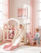 Nichiduta Garden Spatiu de joaca pentru copii 3in1 Pink cu platforma tobogan leagan cu bara de protectie detasabila jucarie muzicala cos de baschet dimensiune 170 x 145 x 110 cm