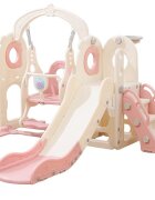 Nichiduta Garden Spatiu de joaca pentru copii 3in1 Pink cu platforma tobogan leagan cu bara de protectie detasabila jucarie muzicala cos de baschet dimensiune 170 x 145 x 110 cm