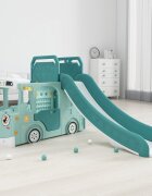 Nichiduta Garden Spatiu de joaca pentru copii 4 in 1 Nichiduta Happy Bus Green cu saltea impermeabila din spuma Leagan convertibil Tobogan cu manere si trepte antiderapante Cos de baschet