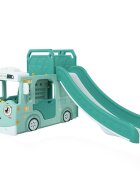 Nichiduta Garden Spatiu de joaca pentru copii 4 in 1 Nichiduta Happy Bus Green cu saltea impermeabila din spuma Leagan convertibil Tobogan cu manere si trepte antiderapante Cos de baschet