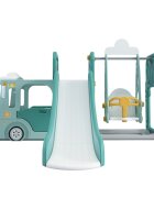 Nichiduta Garden Spatiu de joaca pentru copii 4 in 1 Nichiduta Happy Bus Green cu saltea impermeabila din spuma Leagan convertibil Tobogan cu manere si trepte antiderapante Cos de baschet
