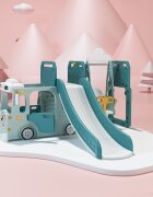 Nichiduta Garden Spatiu de joaca pentru copii 4 in 1 Nichiduta Happy Bus Green cu saltea impermeabila din spuma Leagan convertibil Tobogan cu manere si trepte antiderapante Cos de baschet