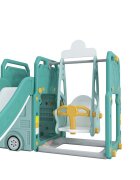 Nichiduta Garden Spatiu de joaca pentru copii 4 in 1 Nichiduta Happy Bus Green cu saltea impermeabila din spuma Leagan convertibil Tobogan cu manere si trepte antiderapante Cos de baschet