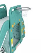 Nichiduta Garden Spatiu de joaca pentru copii 4 in 1 Nichiduta Happy Bus Green cu saltea impermeabila din spuma Leagan convertibil Tobogan cu manere si trepte antiderapante Cos de baschet