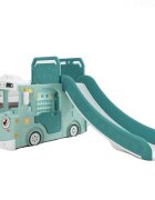 Nichiduta Garden Spatiu de joaca pentru copii 4 in 1 Nichiduta Happy Bus Green cu saltea impermeabila din spuma Leagan convertibil Tobogan cu manere si trepte antiderapante Cos de baschet