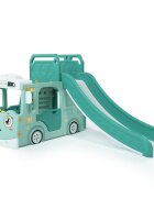 Nichiduta Garden Spatiu de joaca pentru copii 4 in 1 Nichiduta Happy Bus Green cu saltea impermeabila din spuma Leagan convertibil Tobogan cu manere si trepte antiderapante Cos de baschet