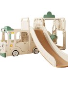 Nichiduta Garden Spatiu de joaca pentru copii 4 in 1 Nichiduta Happy Bus White cu saltea impermeabila din spuma Leagan convertibil Tobogan cu manere si trepte antiderapante Cos de baschet
