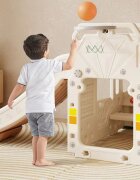 Nichiduta Garden Spatiu de joaca pentru copii 4 in 1 Nichiduta Happy Bus White cu saltea impermeabila din spuma Leagan convertibil Tobogan cu manere si trepte antiderapante Cos de baschet