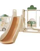 Nichiduta Garden Spatiu de joaca pentru copii 4 in 1 Nichiduta Happy Bus White cu saltea impermeabila din spuma Leagan convertibil Tobogan cu manere si trepte antiderapante Cos de baschet
