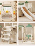 Nichiduta Garden Spatiu de joaca pentru copii 4 in 1 Nichiduta Happy Bus White cu saltea impermeabila din spuma Leagan convertibil Tobogan cu manere si trepte antiderapante Cos de baschet