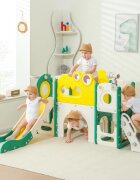 Nichiduta Garden Spatiu de joaca pentru copii greenwhite cu tobogan cos de baschet balustrada de sustinere treptele late dimensiune 134 x 152 x 94 cm