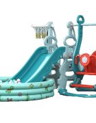 Nichiduta Garden Spatiu de joaca Tower Blue 3in1 cu tobogan leagan cu bara de protectie detasabila jucarie muzicala Cos de baschet Minge si piscina cu 200 bile incluse