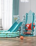 Nichiduta Garden Spatiu de joaca Tower Blue 3in1 cu tobogan leagan cu bara de protectie detasabila jucarie muzicala Cos de baschet Minge si piscina cu 200 bile incluse