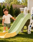 Nichiduta Garden Tobogan Astronaut Green interiorexterior cu margini rotunjite trepte largi protectii laterale inalte si Cos de baschet cu minge inclusa