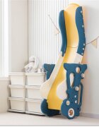 Nichiduta Garden Tobogan pentru copii Dinosaur Blue cu mini-cos de Baschet si joc de precizie cu inele prevazut cu scara manere de sustinere design pliabil dimensiune 150 x 67.5 cm