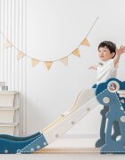 Nichiduta Garden Tobogan pentru copii Dinosaur Blue cu mini-cos de Baschet si joc de precizie cu inele prevazut cu scara manere de sustinere design pliabil dimensiune 150 x 67.5 cm