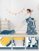 Nichiduta Garden Tobogan pentru copii Dinosaur Blue cu mini-cos de Baschet si joc de precizie cu inele prevazut cu scara manere de sustinere design pliabil dimensiune 150 x 67.5 cm