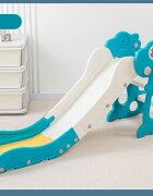 Nichiduta Garden Tobogan pentru copii Dinosaur Green cu mini-cos de Baschet si joc de precizie cu inele prevazut cu scara manere de sustinere design pliabil dimensiune 150 x 67.5 cm