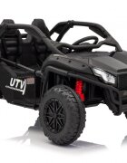 Nichiduta Masinuta electrica de teren pentru 2 copii UTV 4x4 Black800W telecomanda 2.4Gacumulator 12V10Ahroti late din cauciuc EVAscaun din pielesuspensiifaruri cu lumini LEDmufa USBMP3Bluetooth120x81x65cm