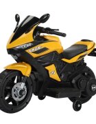 Nichiduta Motocicleta electrica pentru copii Storm Yellow motor 38wscaun confortabil din piele ecologicaroti ajutatoareoglinzi retrovizoarelumini LEDmuzicapornire la butonsuport picioaremanere ergonomice