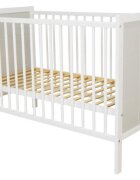 Nichiduta Set Patut din lemn 120 x 60 cm multifunctional cu laterala detasabila si somiera reglabila pe 3 nivele de inaltime Cezar Alb + Saltea cu husa detasabila din microfibra 12 cm grosime Cocos Comfort +