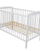 Nichiduta Set Patut din lemn pentru copii pana la 4 ani somiera reglabila pe 3 nivele de inaltime si sistem 3 bare detasabile 120x60 cm Andrei Alb + Saltea cu husa detasabila din microfibra 10 cm grosime Cocos Comfort +